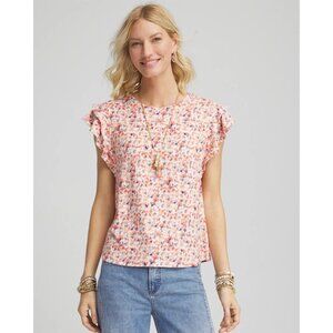 Chico's Touch of Cool Watercolor Tiered Flutter Sleeved Tee Shirt Top Size 3= XL